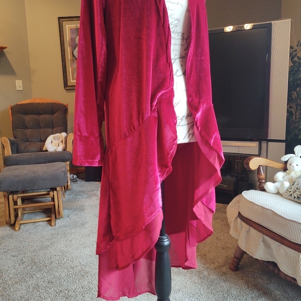 Women's Open Front Velvet Duster Cardigan - Deep Magenta - Picture 2 of 12
